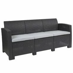 Emma+Oliver Emma And Oliver Light Gray Faux Rattan Sofa With Light Gray Cushions