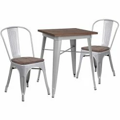 Emma+Oliver Emma And Oliver 23.5" Square Black Metal/Wood Table Set - 2 Stack Chairs Silver