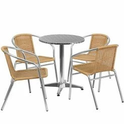 Emma+Oliver Emma And Oliver 23.5" Round Aluminum Table Set-4 Black Rattan Chairs Dark Brown
