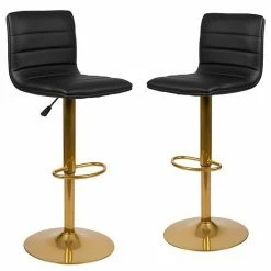 Emma+Oliver Emma And Oliver 2PK Black Vinyl Adjustable Height Barstool W/ Horizontal Stitch Back & Gold Base