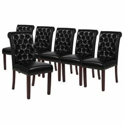 Emma+Oliver Emma And Oliver 6 PK Dark Gray Fabric Upholstered Rolled Back Parsons Chair With Nailhead Trim & Walnut Finished Frame With Plastic Floor Glides Black Faux Leather -Emma+Oliver shop unnamed file 4124