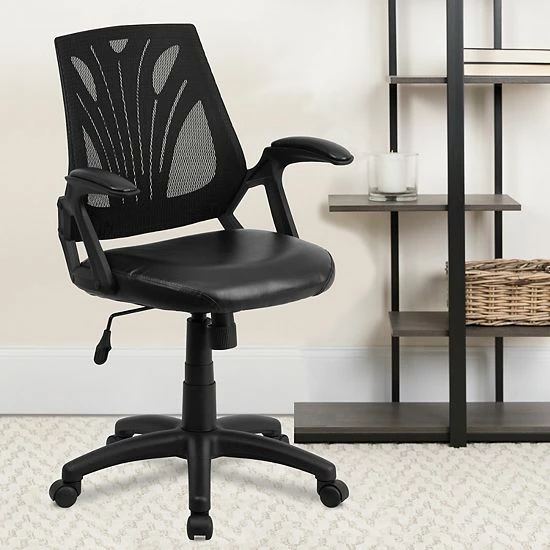 Emma+Oliver Emma And Oliver Mid-Back Designer Black Mesh Swivel Task Office Chair With LeatherSoft Seat 2 Emma+Oliver Emma And Oliver Mid-Back Designer Black Mesh Swivel Task Office Chair With LeatherSoft Seat - Image 2
