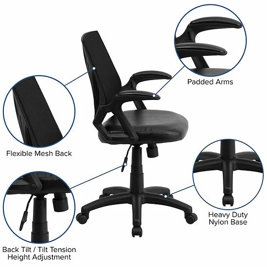 Emma+Oliver Emma And Oliver Mid-Back Designer Black Mesh Swivel Task Office Chair With LeatherSoft Seat 3 Emma+Oliver Emma And Oliver Mid-Back Designer Black Mesh Swivel Task Office Chair With LeatherSoft Seat - Image 3