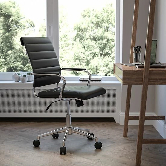 Emma+Oliver Emma And Oliver Mid-Back Black LeatherSoft Ribbed Executive Swivel Office Chair - Desk Chair 2 Emma+Oliver Emma And Oliver Mid-Back Black LeatherSoft Ribbed Executive Swivel Office Chair - Desk Chair - Image 2