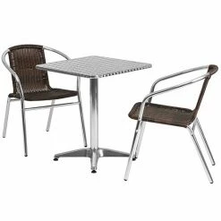 Emma+Oliver Emma And Oliver 23.5" Square Aluminum Table Set-2 Black Rattan Chairs Beige
