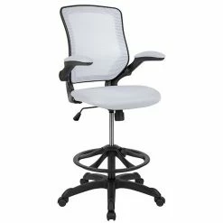 Emma+Oliver Emma And Oliver Mid-Back Blue Mesh Ergonomic Drafting Chair With Foot Ring And Flip-Up Arms