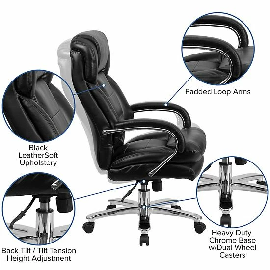 Emma+Oliver Emma And Oliver 24/7 500 Lb. Big & Tall Black LeatherSoft Ergonomic Office Chair With Loop Arms 3 Emma+Oliver Emma And Oliver 24/7 500 Lb. Big & Tall Black LeatherSoft Ergonomic Office Chair With Loop Arms - Image 3