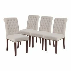 Emma+Oliver Emma And Oliver 4 PK Beige Faux Leather Upholstered Rolled Back Parsons Chair With Nailhead Trim & Walnut Finished Frame With Plastic Floor Glides Black Faux Leather -Emma+Oliver shop unnamed file 4413