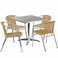 Emma+Oliver Emma And Oliver 31.5" Square Aluminum Table Set-4 Black Rattan Chairs Beige