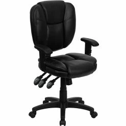 Emma+Oliver Emma And Oliver Mid-Back Gray Fabric Pillow Top Ergonomic Task Office Chair With Arms Black Leathersoft