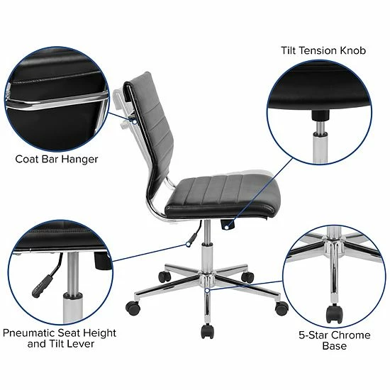 Emma+Oliver Emma And Oliver Mid-Back Armless White LeatherSoft Ribbed Executive Swivel Office Chair 3 Emma+Oliver Emma And Oliver Mid-Back Armless White LeatherSoft Ribbed Executive Swivel Office Chair - Image 3