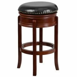 Emma+Oliver Emma And Oliver 29"H Backless Light Cherry Wood Swivel Barstool With Carved Apron