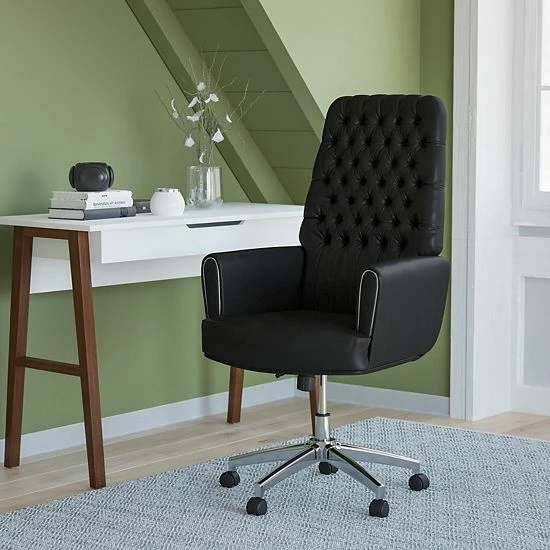 Emma+Oliver Emma And Oliver High Back Tufted Black LeatherSoft Swivel Office Chair With Silver Welt Arms 2 Emma+Oliver Emma And Oliver High Back Tufted Black LeatherSoft Swivel Office Chair With Silver Welt Arms - Image 2