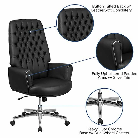 Emma+Oliver Emma And Oliver High Back Tufted Black LeatherSoft Swivel Office Chair With Silver Welt Arms 3 Emma+Oliver Emma And Oliver High Back Tufted Black LeatherSoft Swivel Office Chair With Silver Welt Arms - Image 3