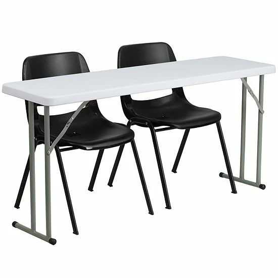 Emma+Oliver Emma And Oliver 5-Foot Plastic Folding Training Table Set With 2 Black Plastic Stack Chairs 1 Emma+Oliver Emma And Oliver 5-Foot Plastic Folding Training Table Set With 2 Black Plastic Stack Chairs