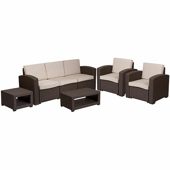 Emma+Oliver Emma And Oliver 5 Piece Outdoor Faux Rattan Sofa And Table Set In Chocolate Brown 1 Emma+Oliver Emma And Oliver 5 Piece Outdoor Faux Rattan Sofa And Table Set In Chocolate Brown