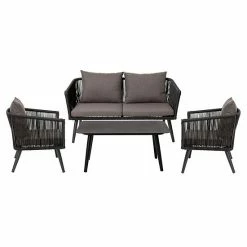 Emma+Oliver Emma And Oliver Alfresco Black & Gray Woven All-Weather Four-Piece Conversation Set With Cushions & Metal Coffee Table For Porch, Backyard And Patio