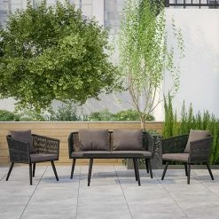 Alternative view of Emma+Oliver Emma And Oliver Alfresco Black & Gray Woven All-Weather Four-Piece Conversation Set With Cushions & Metal Coffee Table For Porch, Backyard And Patio