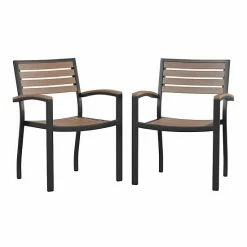 Emma+Oliver Emma And Oliver Set Of 2 Stackable All-Weather Black Aluminum Patio Chairs With Faux Teak Slats