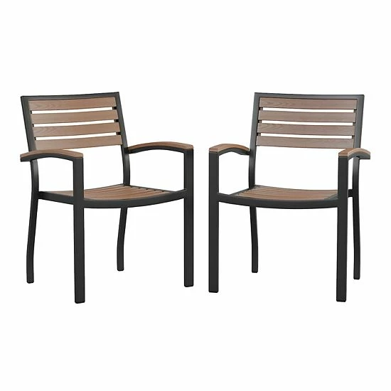 Emma+Oliver Emma And Oliver Set Of 2 Stackable All-Weather Black Aluminum Patio Chairs With Faux Teak Slats 1 Emma+Oliver Emma And Oliver Set Of 2 Stackable All-Weather Black Aluminum Patio Chairs With Faux Teak Slats