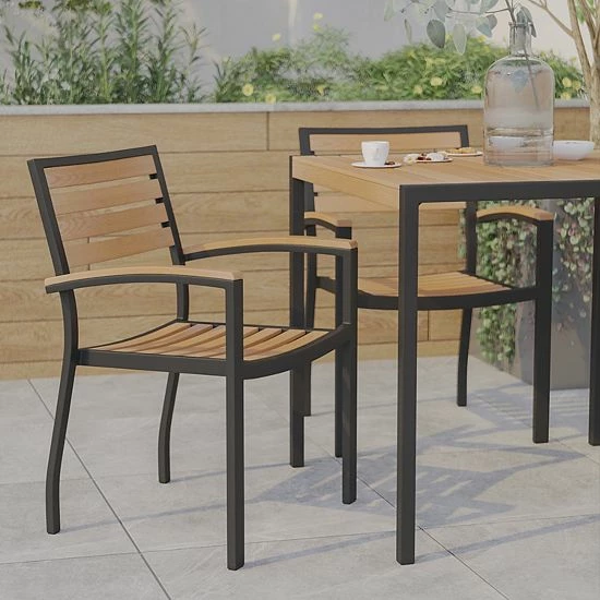 Emma+Oliver Emma And Oliver Set Of 2 Stackable All-Weather Black Aluminum Patio Chairs With Faux Teak Slats 2 Emma+Oliver Emma And Oliver Set Of 2 Stackable All-Weather Black Aluminum Patio Chairs With Faux Teak Slats - Image 2