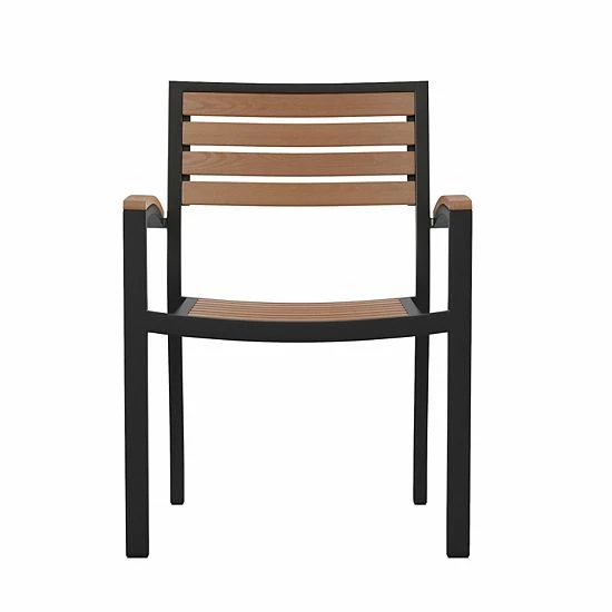 Emma+Oliver Emma And Oliver Set Of 2 Stackable All-Weather Black Aluminum Patio Chairs With Faux Teak Slats 4 Emma+Oliver Emma And Oliver Set Of 2 Stackable All-Weather Black Aluminum Patio Chairs With Faux Teak Slats - Image 4