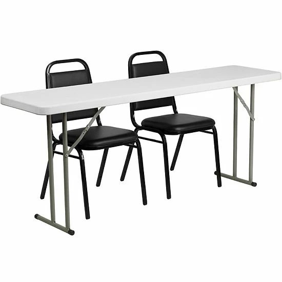 Emma+Oliver Emma And Oliver 6-Foot Plastic Folding Training Table Set With 2 Trapezoidal Back Stack Chairs 1 Emma+Oliver Emma And Oliver 6-Foot Plastic Folding Training Table Set With 2 Trapezoidal Back Stack Chairs