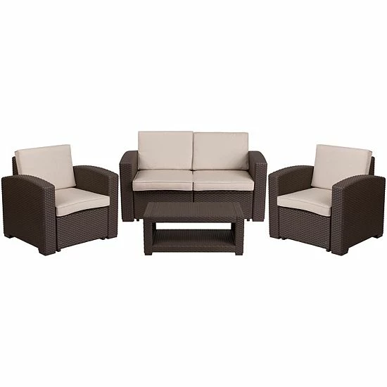 Emma+Oliver Emma And Oliver 4PC Chocolate Brown Outdoor Faux Rattan Chair,Loveseat & Table Set 1 Emma+Oliver Emma And Oliver 4PC Chocolate Brown Outdoor Faux Rattan Chair,Loveseat & Table Set