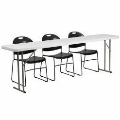 Emma+Oliver Emma And Oliver 8-Foot Plastic Folding Training Table Set With 3 Black Plastic Stack Chairs