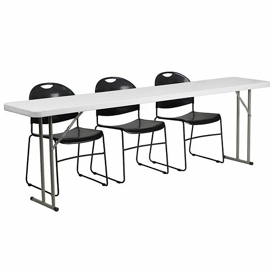 Emma+Oliver Emma And Oliver 8-Foot Plastic Folding Training Table Set With 3 Black Plastic Stack Chairs 1 Emma+Oliver Emma And Oliver 8-Foot Plastic Folding Training Table Set With 3 Black Plastic Stack Chairs