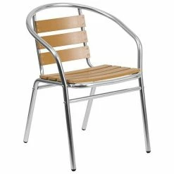 Emma+Oliver Emma And Oliver Aluminum Indoor-Outdoor Stack Chair W/ Triple Slat Faux Teak Back