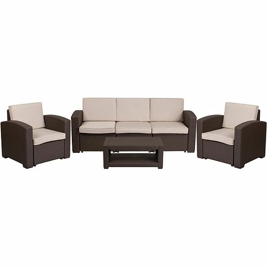 Emma+Oliver Emma And Oliver 4PC Chocolate Brown Outdoor Faux Rattan Chair, Sofa & Table Set 1 Emma+Oliver Emma And Oliver 4PC Chocolate Brown Outdoor Faux Rattan Chair, Sofa & Table Set