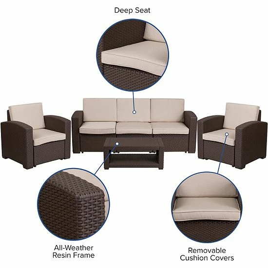 Emma+Oliver Emma And Oliver 4PC Chocolate Brown Outdoor Faux Rattan Chair, Sofa & Table Set 3 Emma+Oliver Emma And Oliver 4PC Chocolate Brown Outdoor Faux Rattan Chair, Sofa & Table Set - Image 3