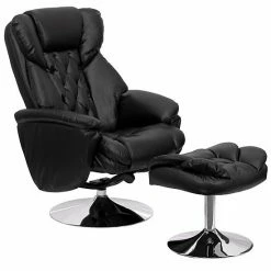 Emma+Oliver Emma And Oliver Transitional Multi-Position Recliner/Ottoman - Chrome Base In Black LeatherSoft