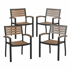 Emma+Oliver Emma And Oliver Set Of 4 Stackable All-Weather Black Aluminum Patio Chairs With Faux Teak Slats