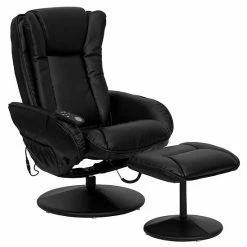 Emma+Oliver Emma And Oliver Massaging Multi-Position Plush Side Pocket Recliner/Ottoman In Black LeatherSoft