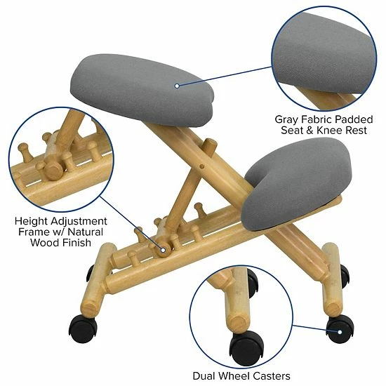 Emma+Oliver Emma And Oliver Mobile Wooden Ergonomic Kneeling Office Chair In Gray Fabric 3 Emma+Oliver Emma And Oliver Mobile Wooden Ergonomic Kneeling Office Chair In Gray Fabric - Image 3