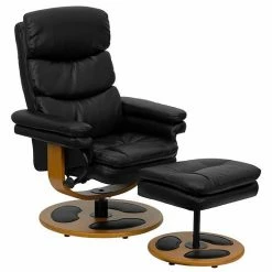 Emma+Oliver Emma And Oliver Contemporary Multi-Position Recliner Set With Wood Base In Black LeatherSoft