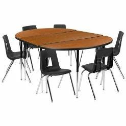 Emma+Oliver Emma And Oliver 76" Oval Wave Activity Table Set With 18" Student Stack Chairs, Oak/Black