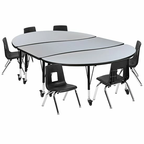 Emma+Oliver Emma And Oliver Mobile 86" Oval Wave Activity Table Set-12" Student Stack Chairs, Grey/Black 1 Emma+Oliver Emma And Oliver Mobile 86" Oval Wave Activity Table Set-12" Student Stack Chairs, Grey/Black