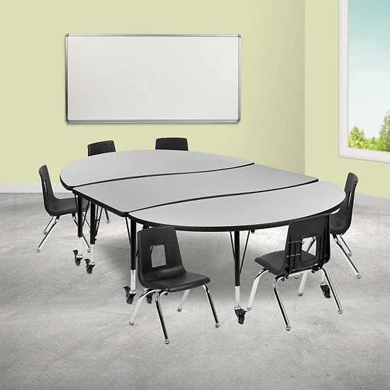Emma+Oliver Emma And Oliver Mobile 86" Oval Wave Activity Table Set-12" Student Stack Chairs, Grey/Black 2 Emma+Oliver Emma And Oliver Mobile 86" Oval Wave Activity Table Set-12" Student Stack Chairs, Grey/Black - Image 2