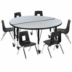 Emma+Oliver Emma And Oliver Mobile 47.5" Circle Wave Activity Table Set-12" Student Stack Chairs, Grey/Black