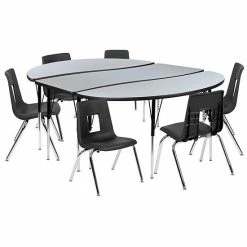 Emma+Oliver Emma And Oliver 86" Oval Wave Activity Table Set With 16" Student Stack Chairs, Grey/Black