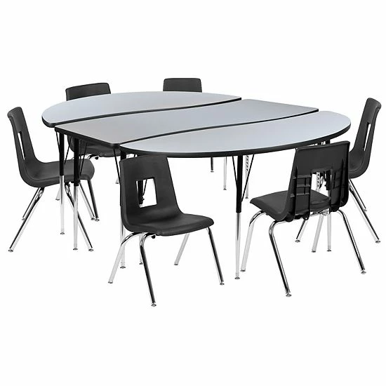Emma+Oliver Emma And Oliver 86" Oval Wave Activity Table Set With 16" Student Stack Chairs, Grey/Black 1 Emma+Oliver Emma And Oliver 86" Oval Wave Activity Table Set With 16" Student Stack Chairs, Grey/Black