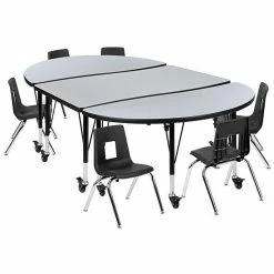 Emma+Oliver Emma And Oliver Mobile 76" Oval Wave Activity Table Set-12" Student Stack Chairs, Oak/Black Grey