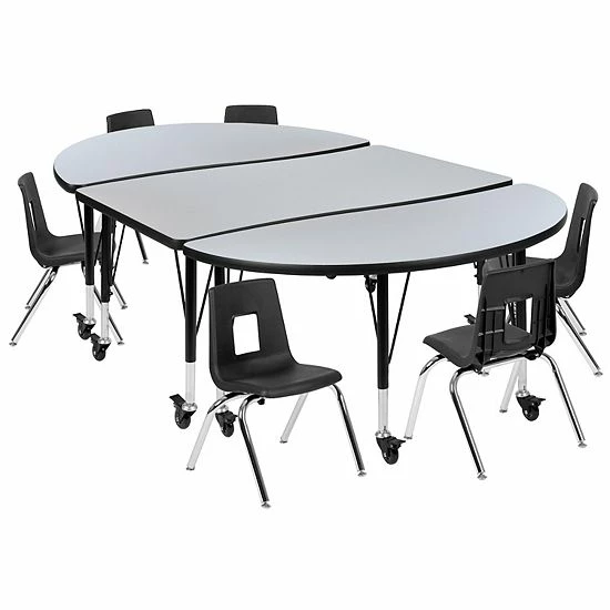 Emma+Oliver Emma And Oliver Mobile 76" Oval Wave Activity Table Set-12" Student Stack Chairs, Oak/Black Grey 1 Emma+Oliver Emma And Oliver Mobile 76" Oval Wave Activity Table Set-12" Student Stack Chairs, Oak/Black Grey