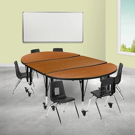 Emma+Oliver Emma And Oliver Mobile 76" Oval Wave Activity Table Set-12" Student Stack Chairs, Oak/Black Grey 2 Emma+Oliver Emma And Oliver Mobile 76" Oval Wave Activity Table Set-12" Student Stack Chairs, Oak/Black Grey - Image 2