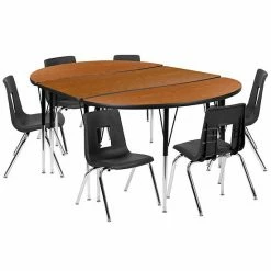 Emma+Oliver Emma And Oliver 76" Oval Wave Activity Table Set With 16" Student Stack Chairs, Grey/Black Oak