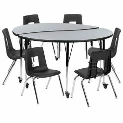 Emma+Oliver Emma And Oliver Mobile 60" Circle Wave Activity Table Set-16" Student Stack Chairs, Oak/Black Grey