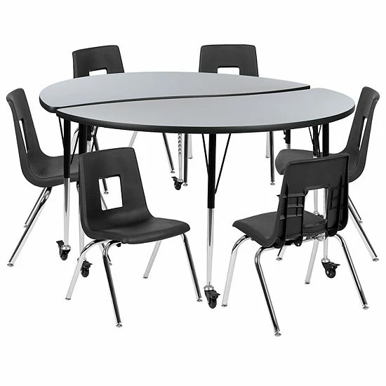 Emma+Oliver Emma And Oliver Mobile 60" Circle Wave Activity Table Set-16" Student Stack Chairs, Oak/Black Grey 1 Emma+Oliver Emma And Oliver Mobile 60" Circle Wave Activity Table Set-16" Student Stack Chairs, Oak/Black Grey